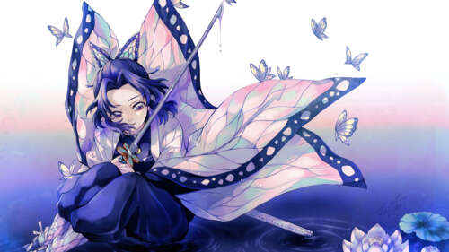 Shinobu Kocho from Demon Slayer: Kimetsu no Yaiba wearing her iconic butterfly-patterned... wallpaper
