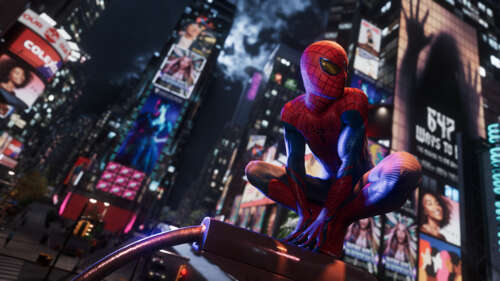 Spider-Man perched atop a skyscraper overlooking the dense cityscape of New York... wallpaper