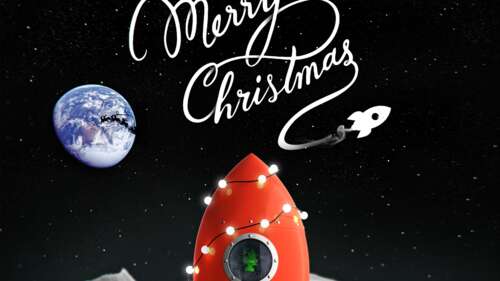 A surreal space scene featuring a rocket, the Earth, and the Moon with a festive... free wallpaper