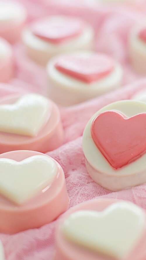 A collection of heart-shaped candies and sweets in pastel pink colors for Valentine's... wallpaper