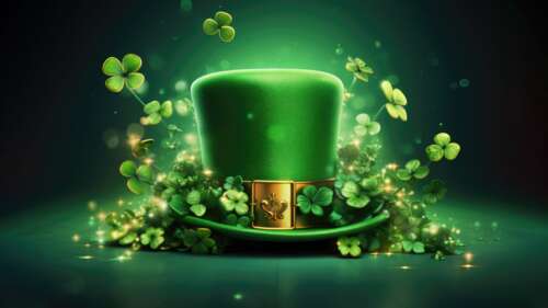 A whimsical character wearing a green leprechaun cap surrounded by lush green shamrocks... wallpaper