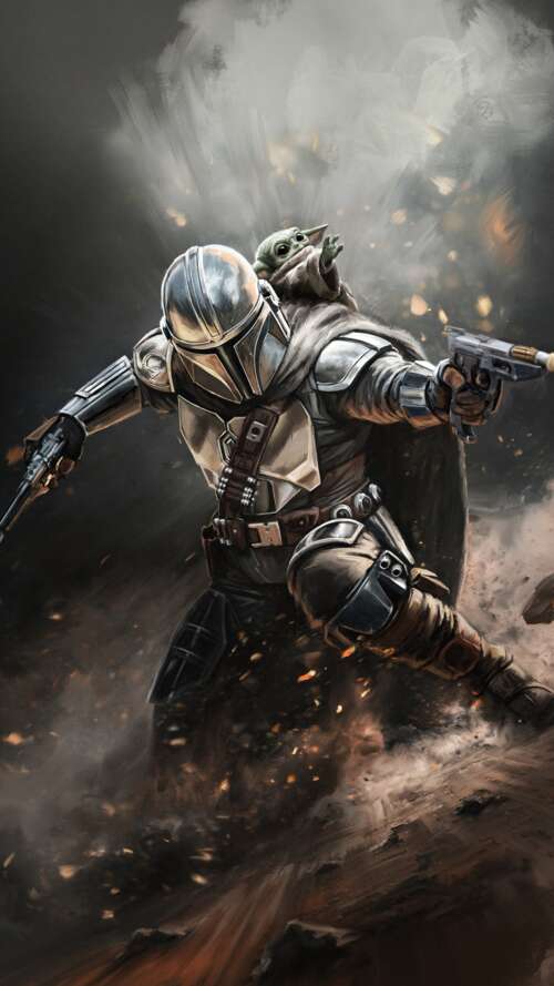 Cinematic depiction of Din Djarin (The Mandalorian) and Grogu (Baby Yoda) from Star... hd background