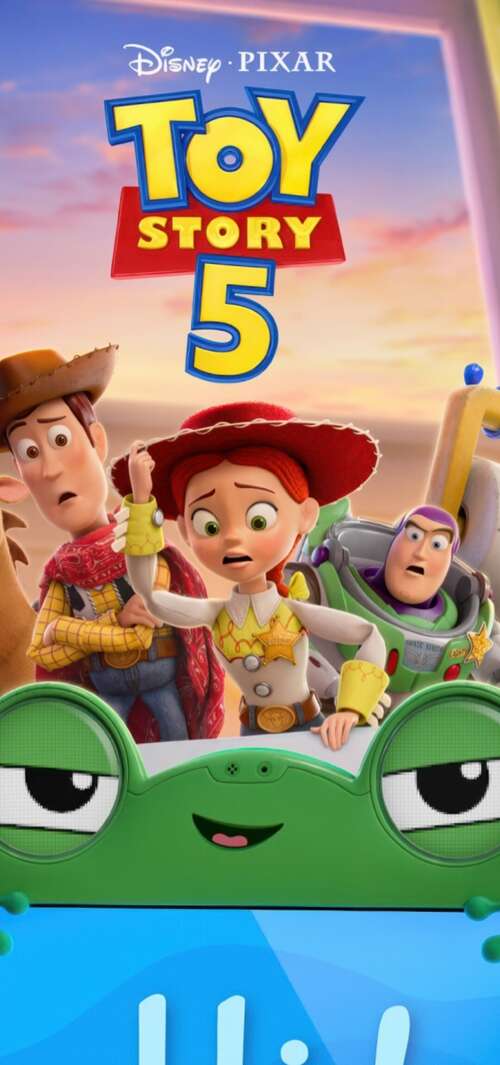 A high-definition movie poster for Toy Story 5 featuring a character on a lush green... free background
