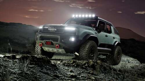 A powerful Toyota Land Cruiser ROX off-road SUV navigating rugged terrain. wallpaper