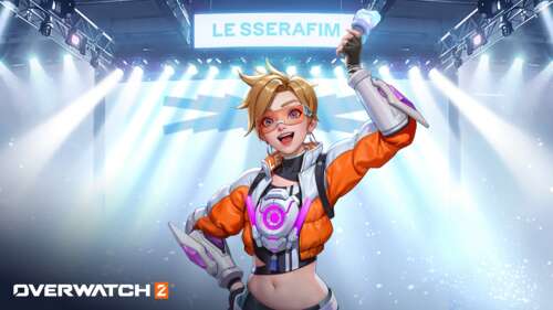 Tracer from Overwatch 2 wearing a stylish K-pop outfit inspired by Le Sserafim wallpaper