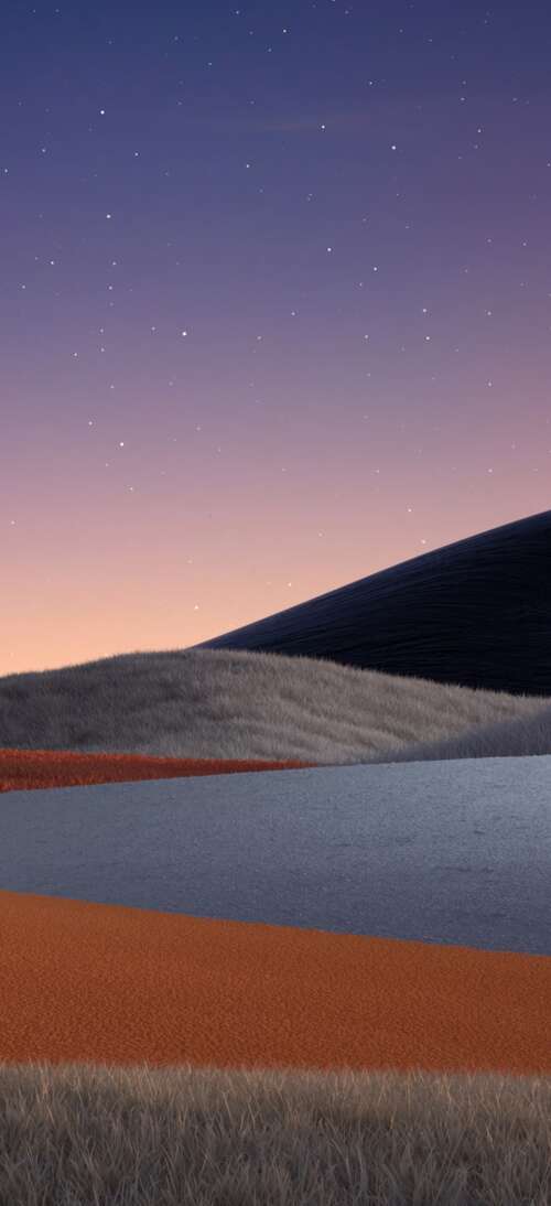 A serene landscape of rolling green hills under a warm sunset and a vast, starry... wallpaper