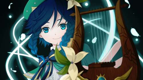 Venti from Genshin Impact wearing his iconic bard outfit with green braids and hat. free wallpaper