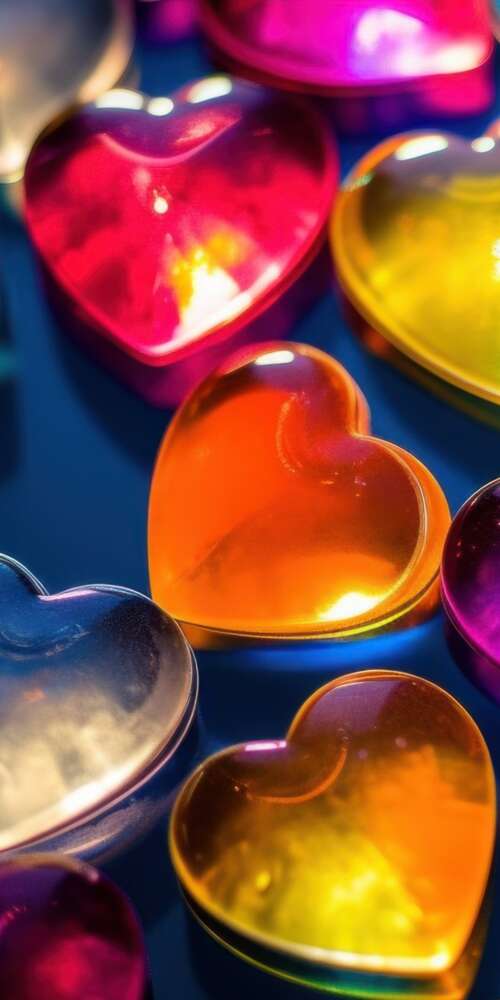 A collection of colorful 3D hearts floating against a solid blue background. wallpaper