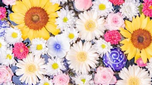 A colorful bouquet featuring bright yellow sunflowers and white daisy flowers. wallpaper