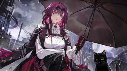 A figure holding an umbrella amidst a lush purple aesthetic and cinematic lighting. wallpaper
