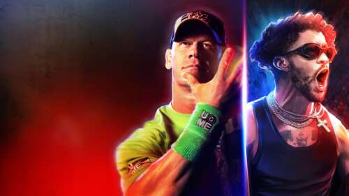 Promotional artwork for WWE 2K23 featuring WWE superstars John Cena and Bad Bunny wallpaper