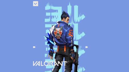 A detailed portrait of the Valorant character Yoru set against a solid blue background. wallpaper