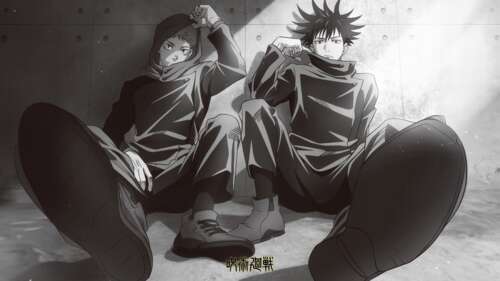 A high-resolution monochrome portrait of Yuji Itadori and Megumi Fushiguro from Jujutsu... wallpaper
