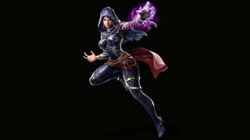 A cinematic portrait of Zafina from Tekken 8 set against a pitch-black background. wallpaper