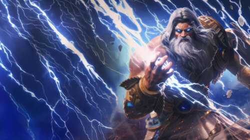 Zeus from the game Smite 2 surrounded by divine energy and lightning bolts. wallpaper