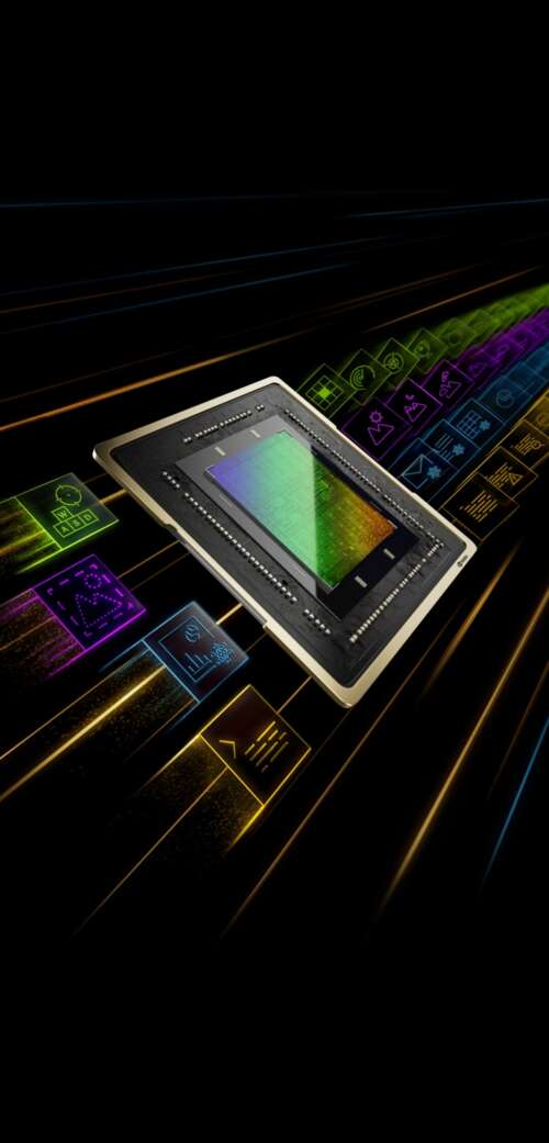Close-up macro shot of a high-performance Nvidia GPU processor chip on a dark background. wallpaper