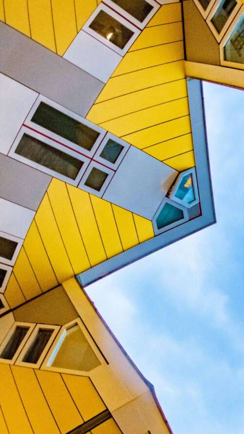 An aerial view looking down at the famous geometric Cube Houses in Rotterdam, Netherlands,... free wallpaper