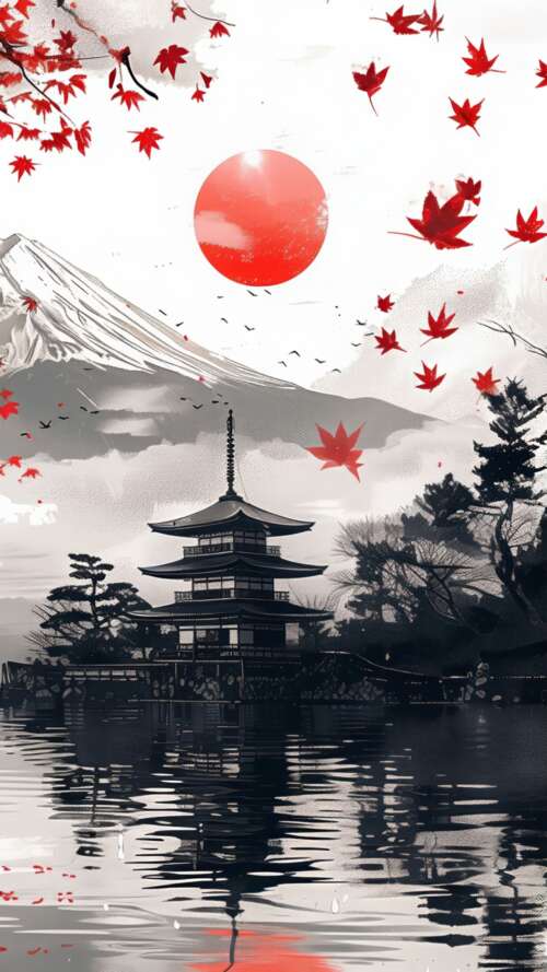 A scenic view of Mount Fuji with a traditional Japanese pagoda and vibrant red maple... wallpaper download