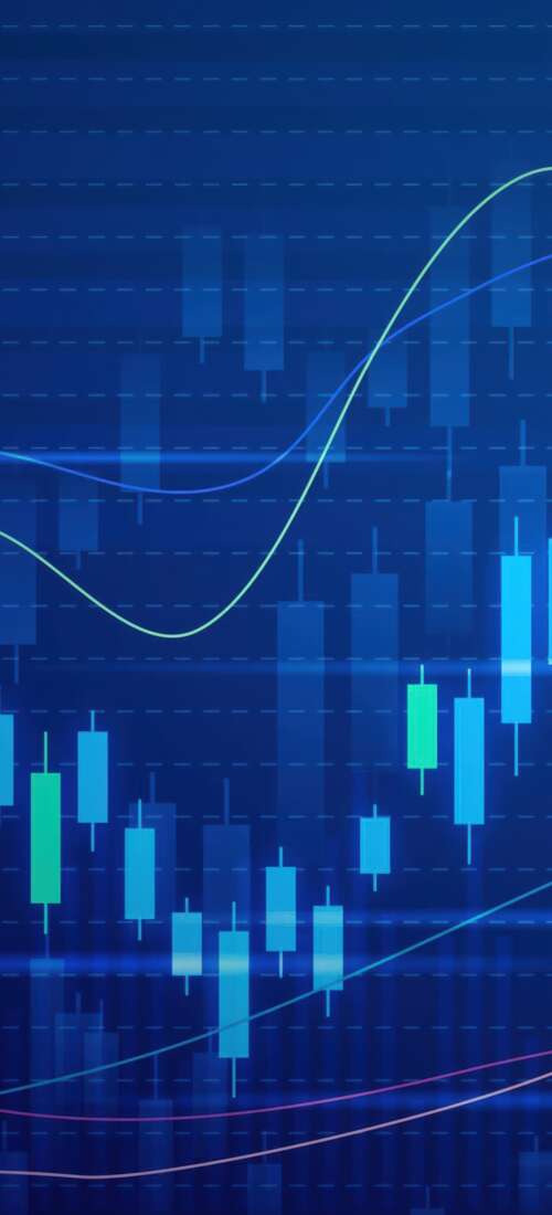 Digital illustration of red and green candlestick patterns on a professional blue... wallpaper
