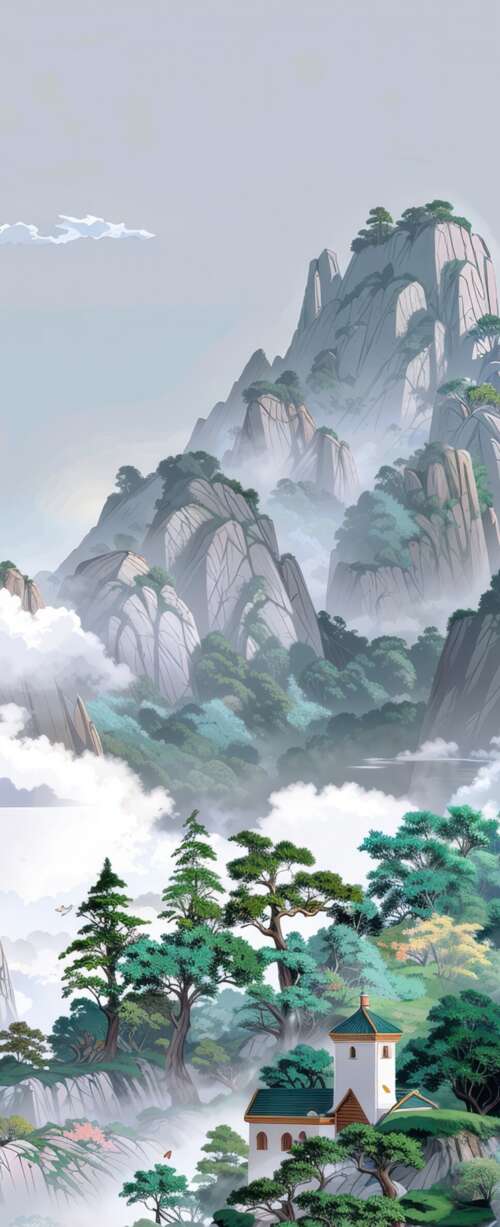 A surreal digital painting of a traditional Asian temple perched atop misty, high-altitude... wallpaper