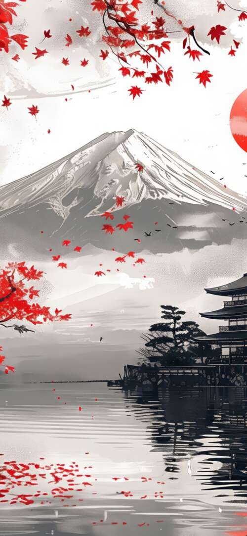 A majestic view of Mount Fuji framed by vibrant red maple leaves and a traditional... wallpaper
