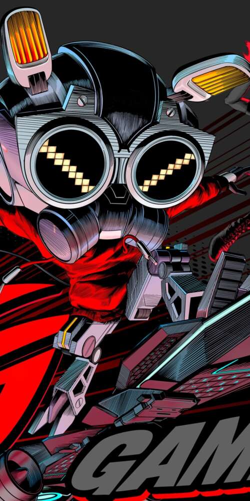 A futuristic cybernetic warrior with glowing red lights and dark metallic armor in... background images hd