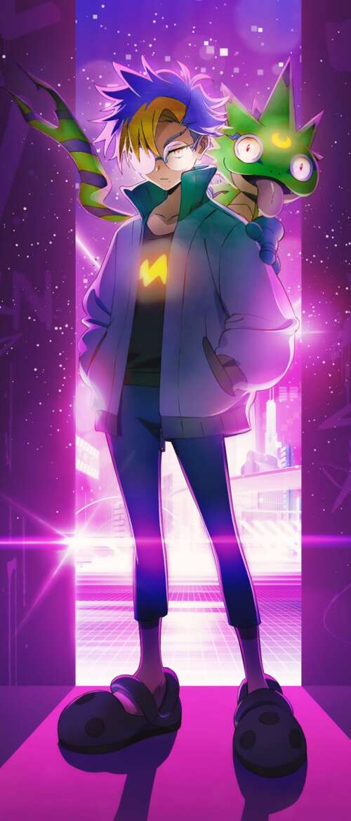 A vibrant Digimon character with neon pink highlights from the animated series Digimon... wallpaper