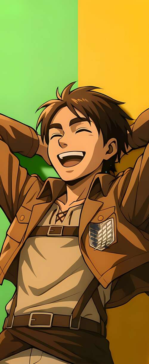 A minimalist illustration of Eren Yeager from Attack on Titan laughing joyfully. wallpaper