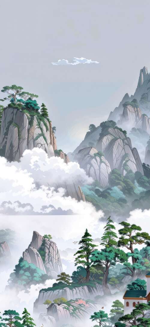 A majestic Asian temple nestled among high mountain peaks and dense clouds in a surreal... wallpaper