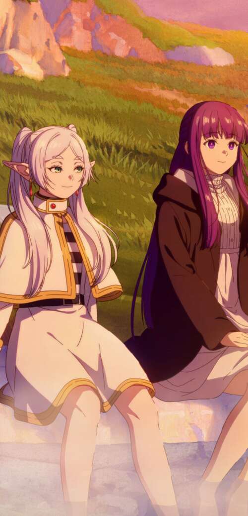 Fern and Stark from the anime series Frieren: Beyond Journey's End hand phone wallpaper