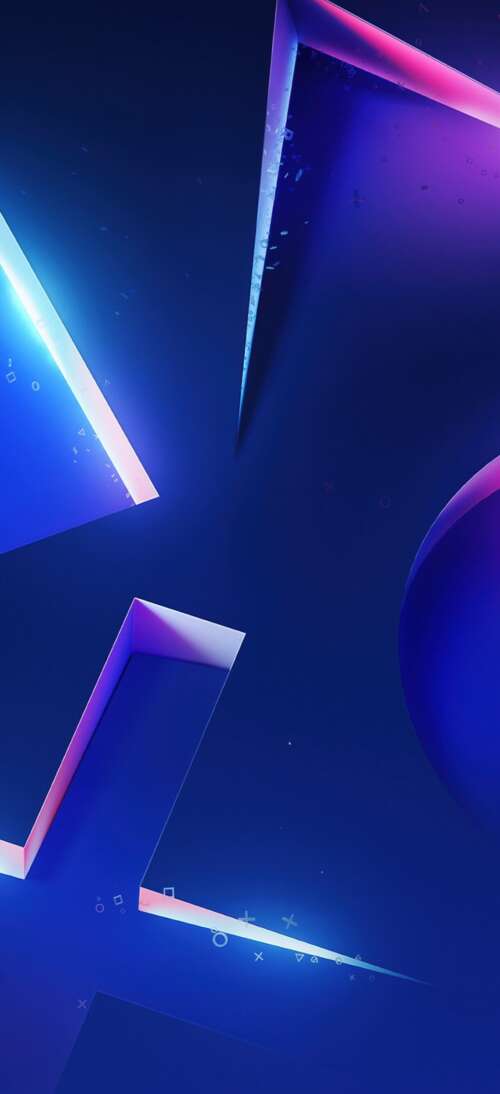 A PlayStation controller surrounded by glowing blue neon geometric shapes and futuristic... wallpaper
