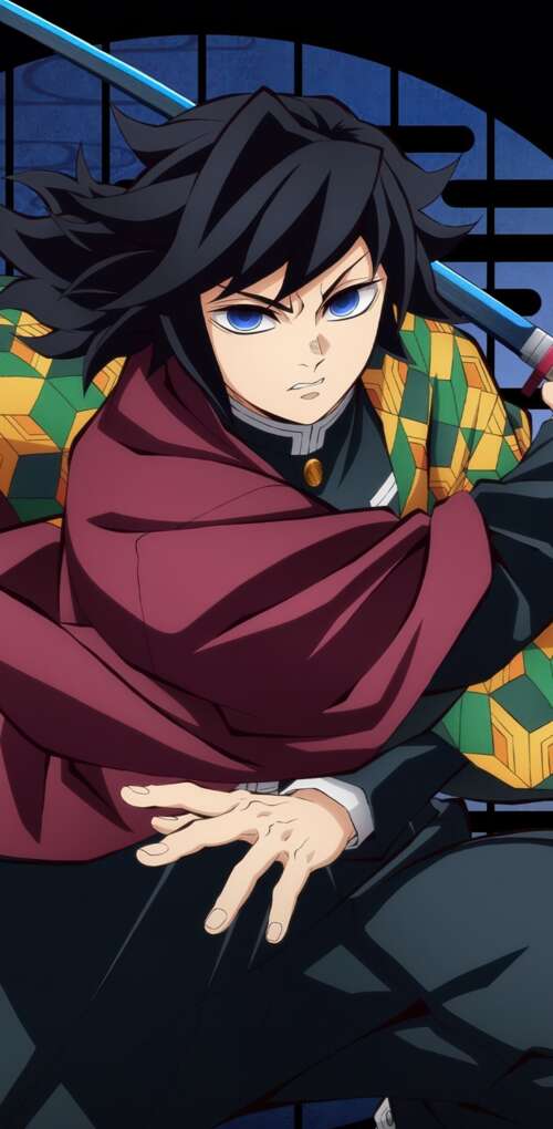 Giyu Tomioka from Demon Slayer: Kimetsu No Yaiba against a black background hand phone wallpaper