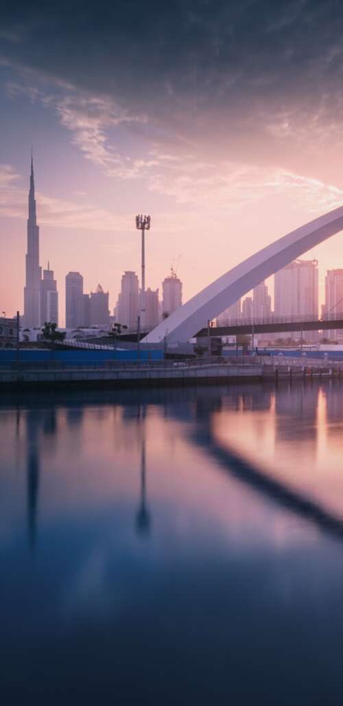 A panoramic view of the Dubai skyline at sunset with modern skyscrapers and waterfront... wallpaper download