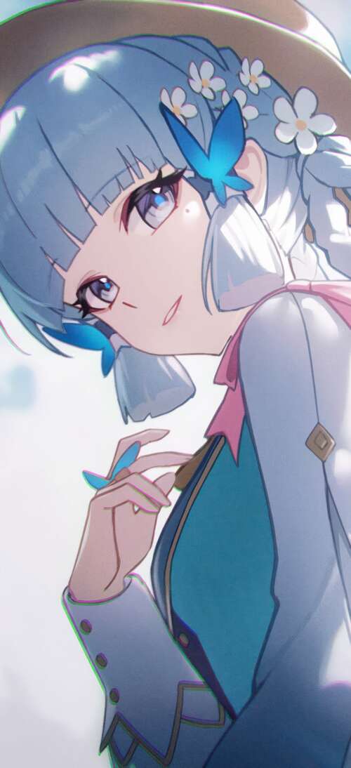 Kamisato Ayaka from Genshin Impact smiling with blue hair and a hat wallpaper
