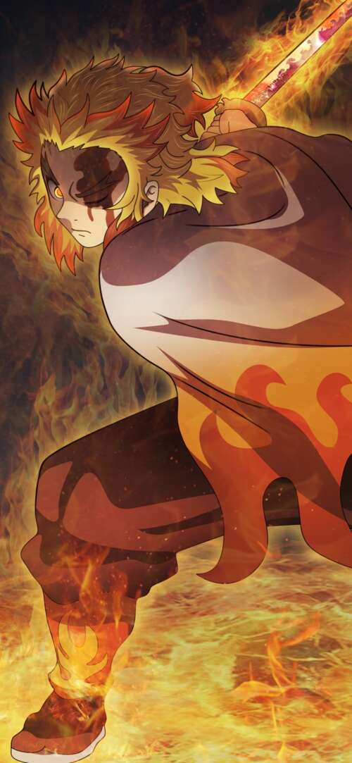 Kyojuro Rengoku from Demon Slayer: Kimetsu no Yaiba surrounded by intense orange... mobile wallpaper