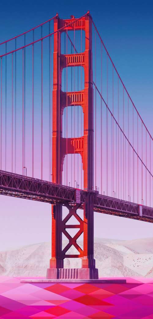 A low poly vector illustration of the Golden Gate Bridge featuring a vibrant pink... download free phone wallpaper
