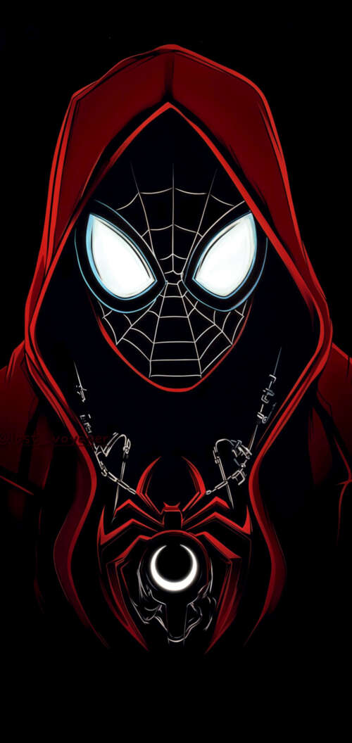 Miles Morales from Spider-Verse wearing a red hoodie with neon lighting and a dark... wallpaper