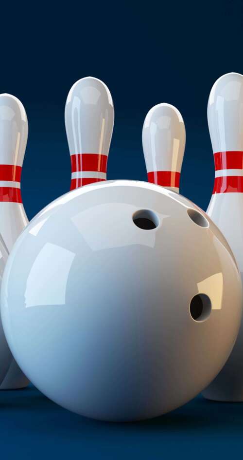 White bowling pins and a bowling ball set against a bright blue background. wallpaper