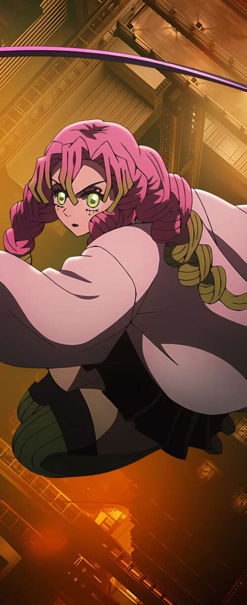 Mitsuri Kanroji from Demon Slayer: Kimetsu No Yaiba in a cinematic anime movie style hd background