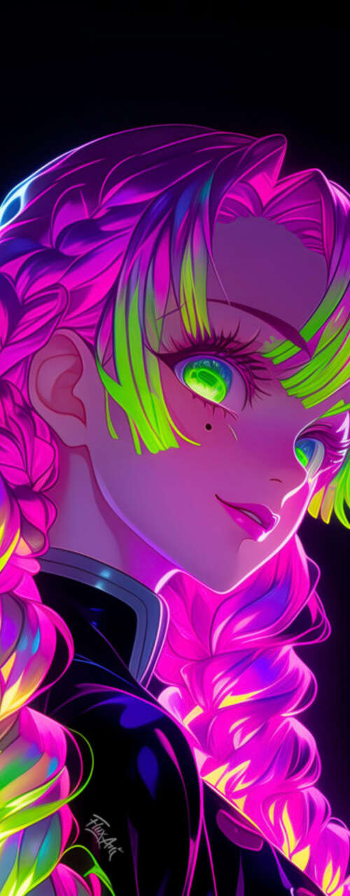 Neon glowing portrait of Mitsuri Kanroji from Demon Slayer: Kimetsu no Yaiba on a...