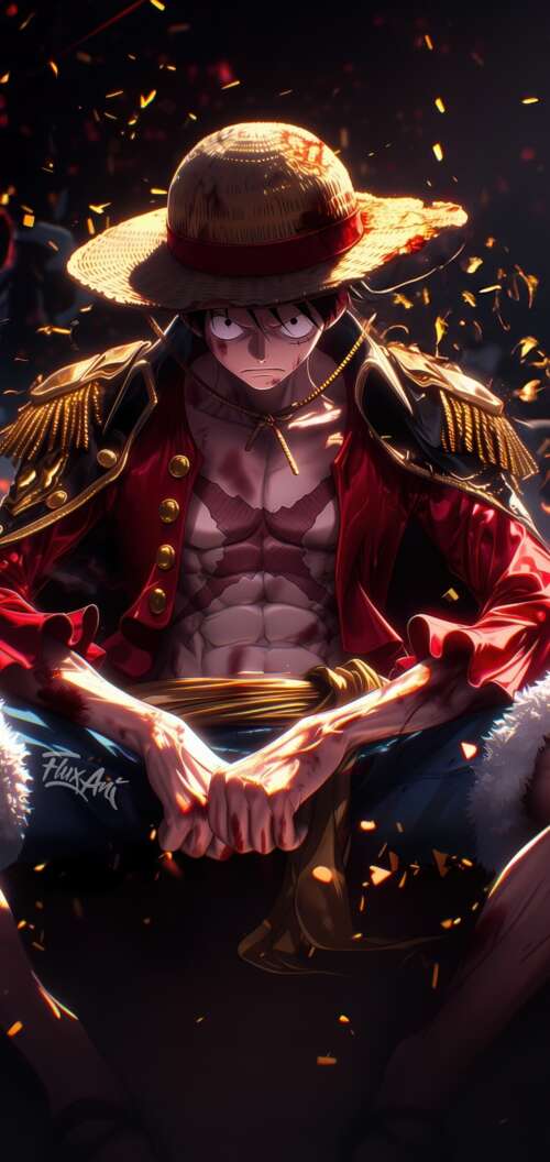 Monkey D. Luffy from One Piece wearing his iconic straw hat. download free phone wallpaper