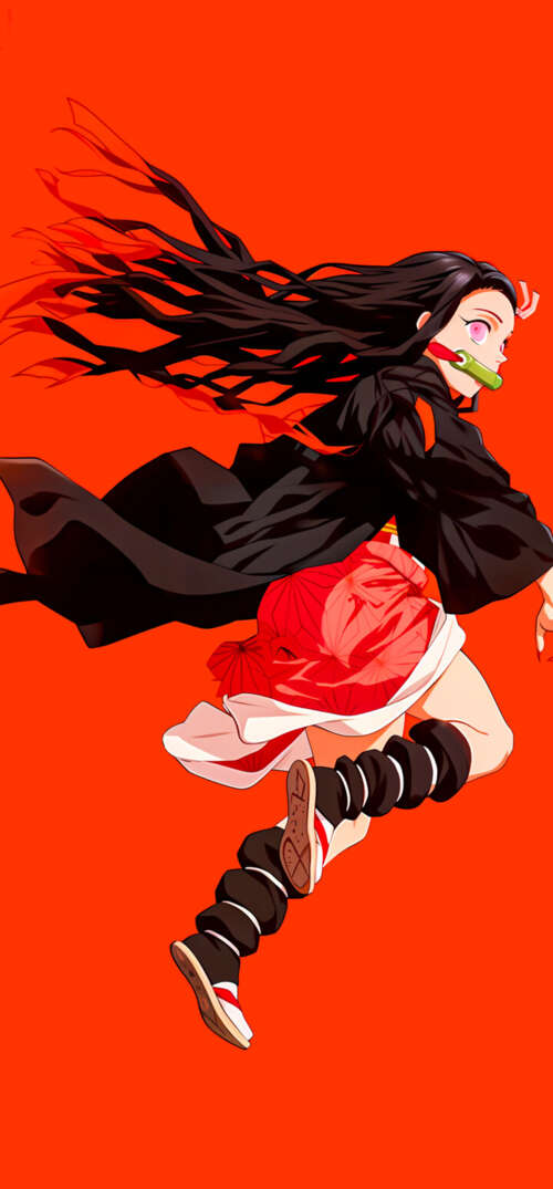 Nezuko Kamado from Demon Slayer: Kimetsu no Yaiba featuring a warm orange aesthetic...