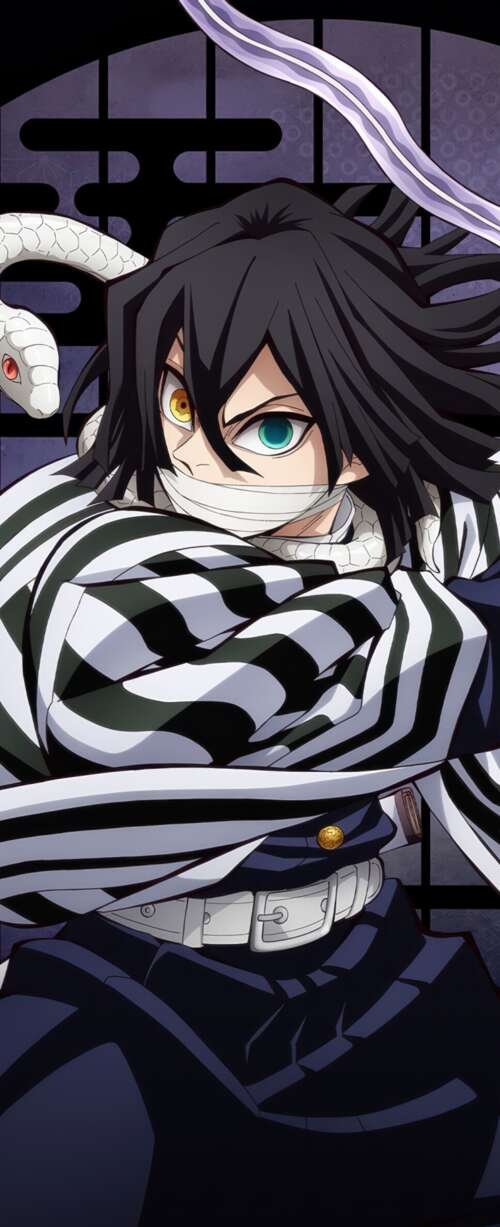 Obanai Iguro from Demon Slayer: Kimetsu No Yaiba against a black background in the... pictures for wallpaper