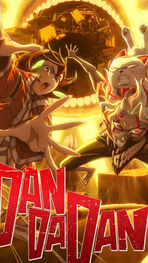 Momo Ayase and Okarun from the DanDaDan anime series in a cinematic composition.