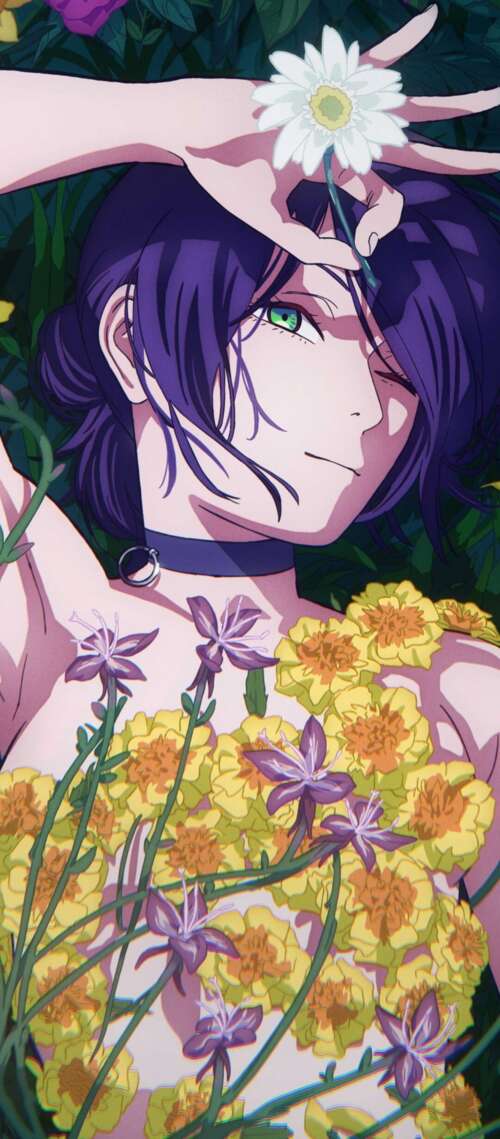 Anime-style illustration of Reze from Chainsaw Man with purple hair and a lush floral...