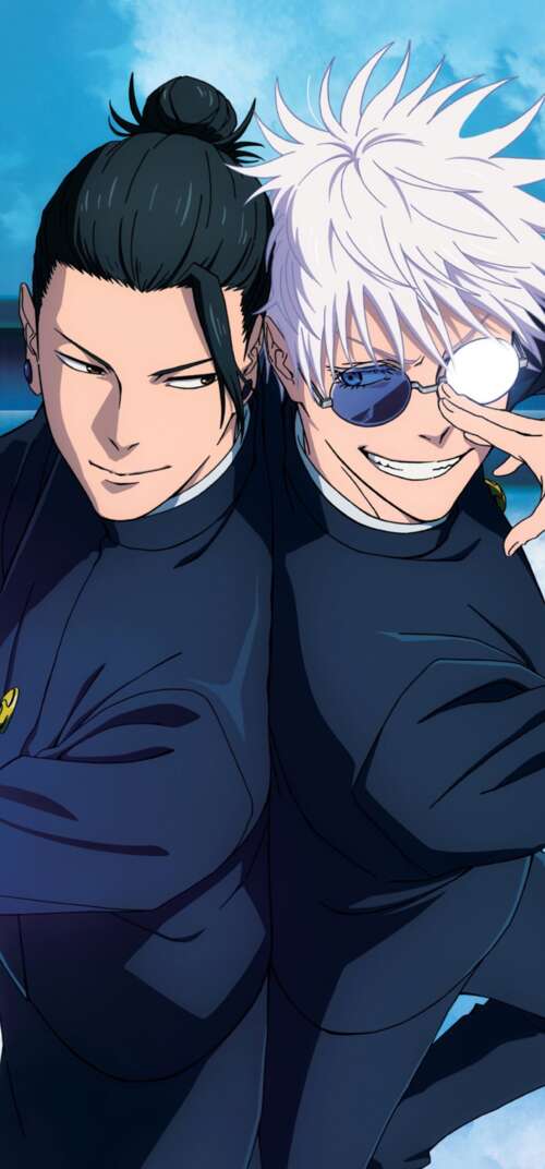 A cinematic anime movie scene featuring Satoru Gojo and Suguru Geto from Jujutsu... background images hd
