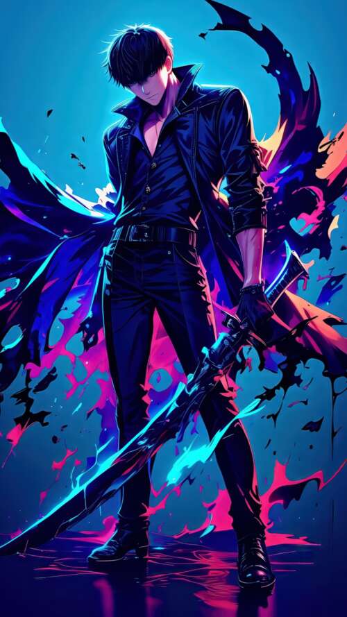 A cinematic anime poster of Sung Jinwoo from Solo Leveling featuring a glowing blue... wallpaper