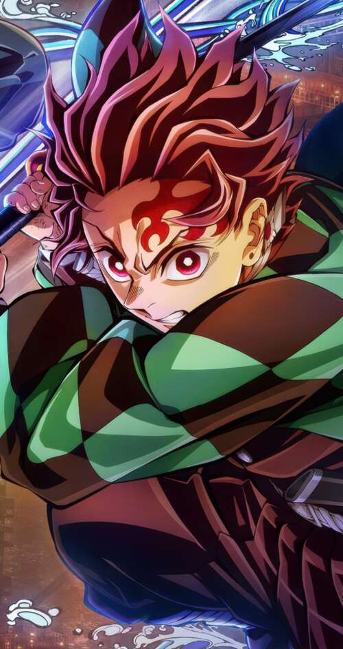 Tanjiro Kamado using Water Breathing technique in the Infinity Castle from Demon... download free phone wallpaper