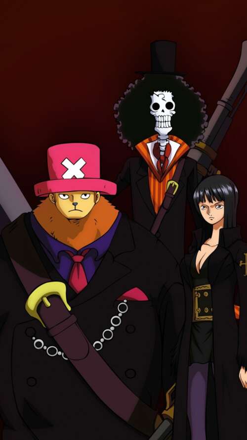 Cinematic anime poster featuring the Straw Hat Pirates crew: Monkey D. Luffy, Roronoa... lock screen wallpaper