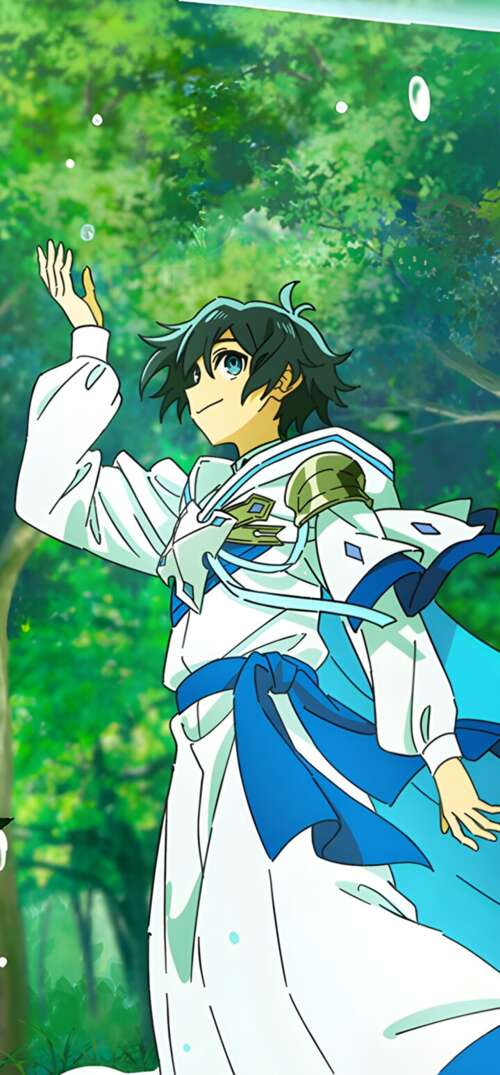 A detailed anime-style illustration of a character in a lush, sunlit forest with... free wallpaper